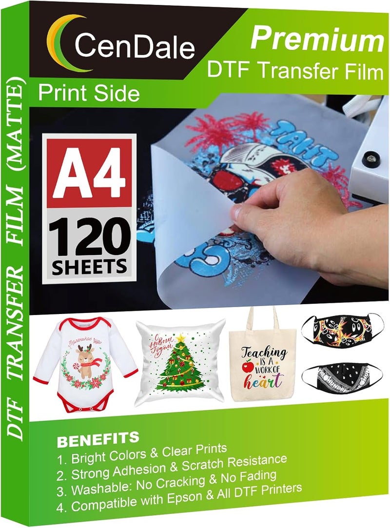 CenDale DTF Transfer Film A4-120 Sheets Double-Sided Matte DTF Film for Sublimation Hack on Cotton, Direct to Film Printing for Light and Dark T-Shirts Textile, Cold & Hot Peel DTF Transfer Paper - Image 1